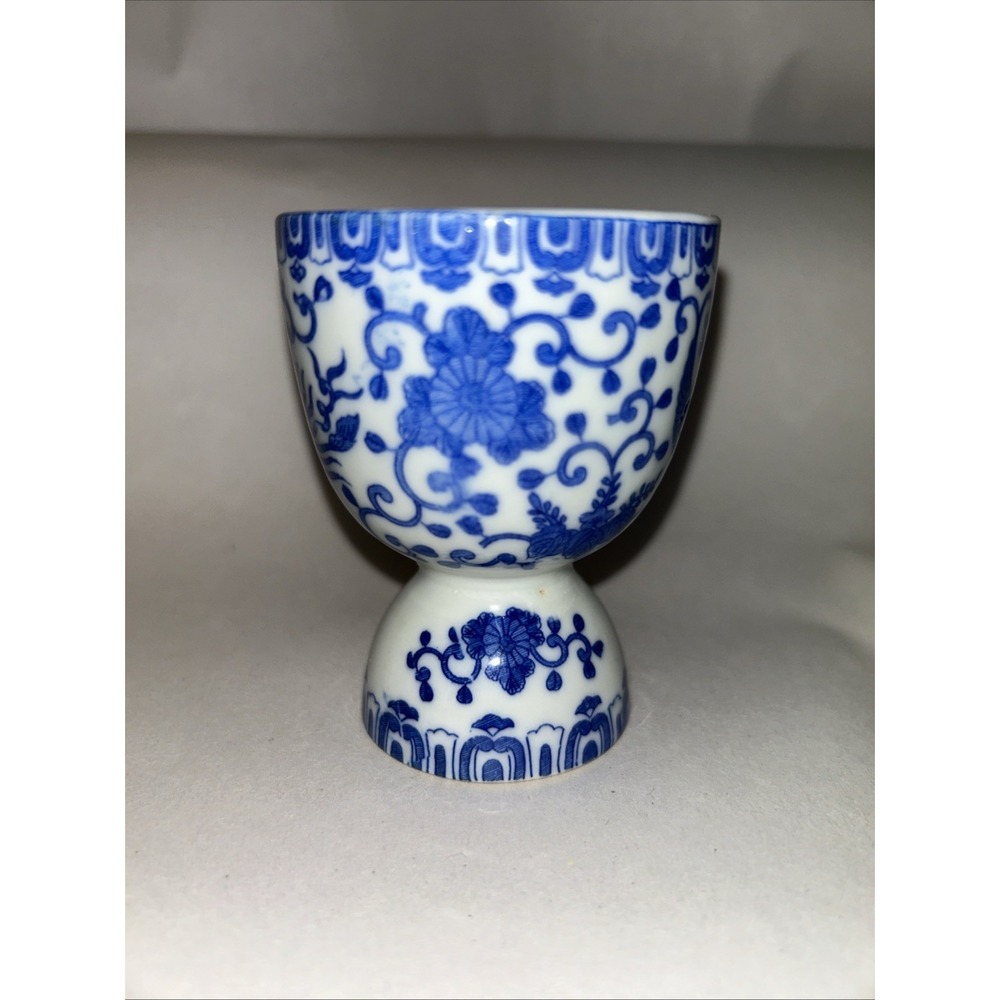 Phoenix Bird Flying Turkey Blue & White Mini Egg Cup 2 5/8" Japan